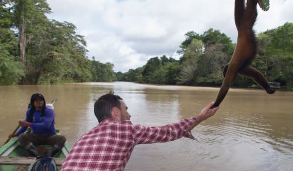 viajante apertando a mão de um macaco em um barco no tour iquitos na selva