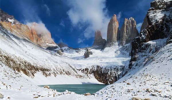 Schneebedeckter Aussichtspunkt Base Torres in Torres del Paine