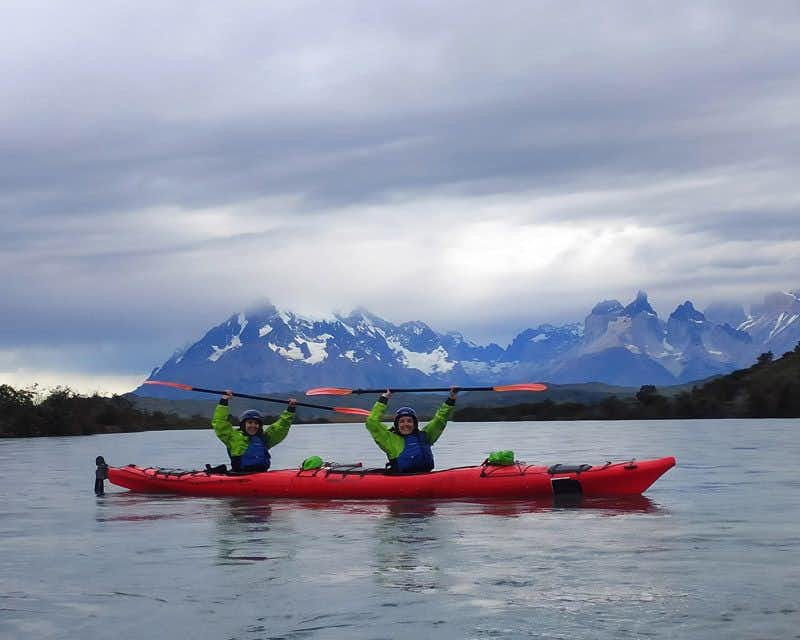 kayak in front of the paine massif