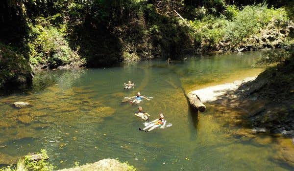 Travelers floating in rio Claro