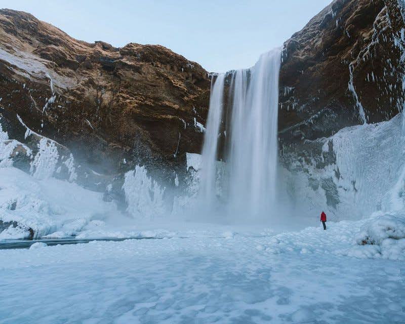 snow seljalandsfoss waterfall iceland