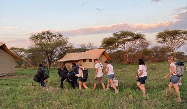 viajeros en el lodge del parque serengeti