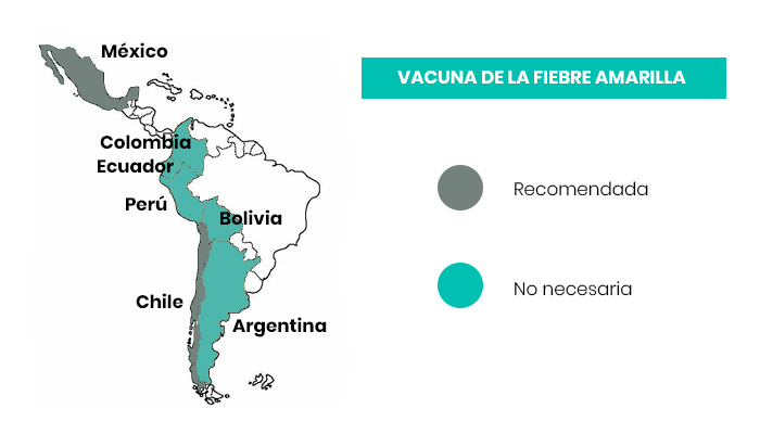 Mapa con las regiones donde es necesaria la vacuna de la fiebre amarilla en Sudamérica