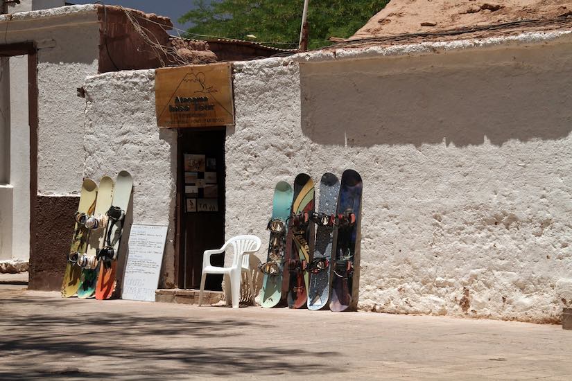 Artisan snowboards in a small store in San Pedro de Atacama