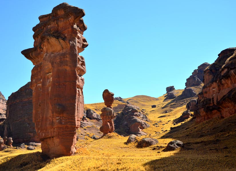 stone monument at tinajani canyon in one of the best unknown tourist places in peru