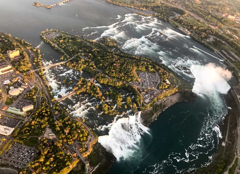 aerial view of niagara falls with goat island and bridges