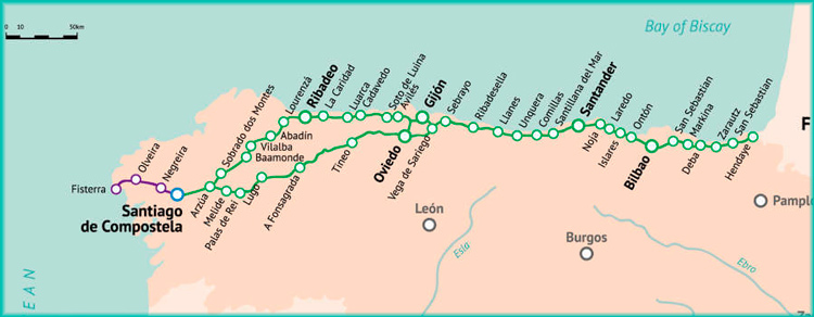 mapa camino de santiago norte